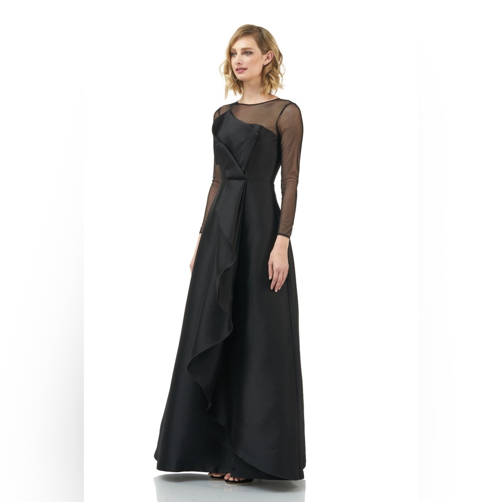 Kay Unger Black Long Sleeve Mesh Bodice Evening Gown